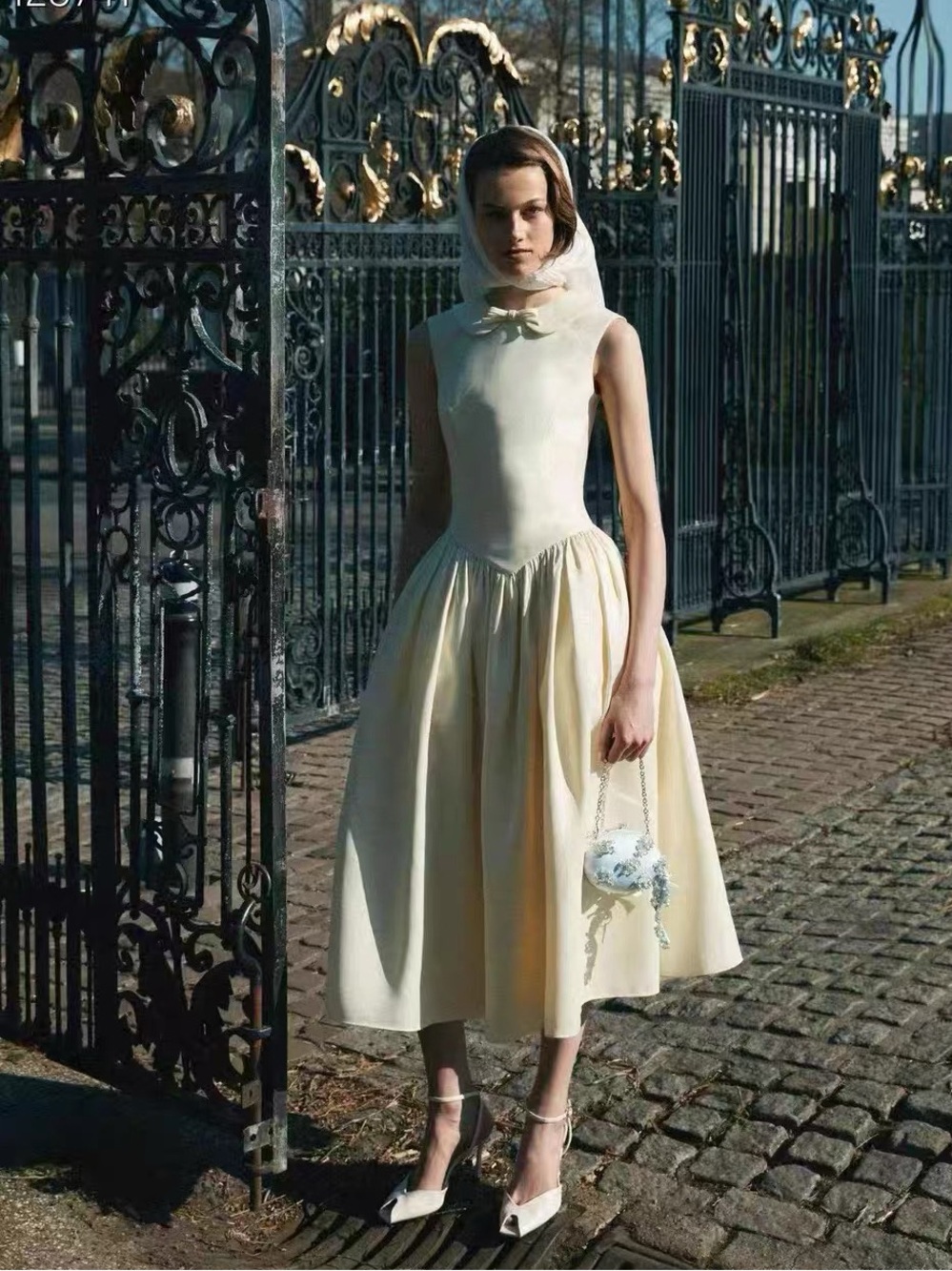 Self-Portrait Buttercream Taffeta Collared Bow Embellished Midi Tea Dress NWOT